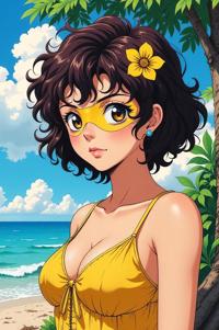 Anime style s Yellow faced Bee from Vertigo universe, Short Curly french rose hair, summer, shoulder level shot
