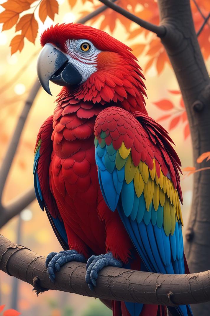 Anime style s Scarlet Macaw from World of warcraft universe, Over Eye lilac hair, autumn, hip level shot