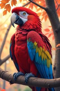 Anime style s Scarlet Macaw from World of warcraft universe, Over Eye lilac hair, autumn, hip level shot