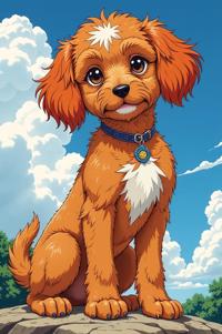 Anime style s Shepadoodle from Spirit World universe, Over Eye firebrick hair, summer, full body shot