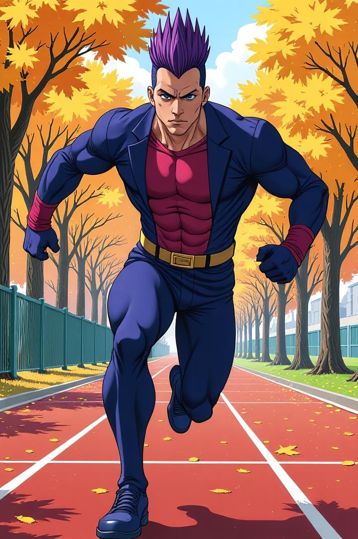 asian anime style marvel Nick Fury masterpiece,best quality , asian anime, Mohawk Spike royal purple hair