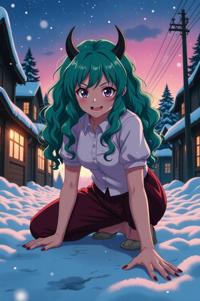 anime style masterpiece,best quality , Long Curly turquoise hair, winter