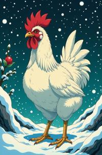 Anime style s Onagadori Chicken from Spirit World universe, Lob lime green hair, winter, from below shot