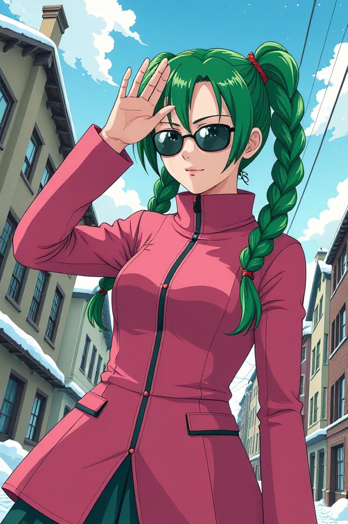 anime style masterpiece,best quality , Pony Tail Braids kelly green hair, winter