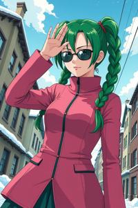 anime style masterpiece,best quality , Pony Tail Braids kelly green hair, winter