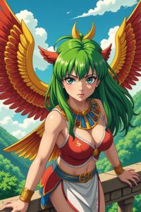 Anime style s Egyptian Vulture from Spirit World universe, Rachel Curly chartreuse hair, summer, aerial view shot
