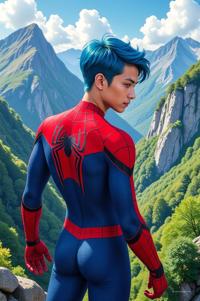 asian anime style marvel Spider Man masterpiece,best quality , asian anime, Buzz Cut steel blue hair