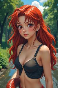 Anime style s Freeway Ball Python from Jurassic Park universe, Center Parting alizarin hair, spring, high angle shot