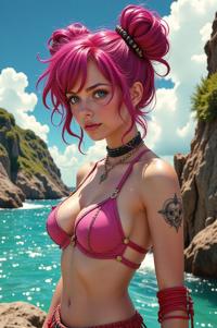 Anime style s Ocean Perch from Mad Max universe, Bun Curly orchid hair, spring, high angle shot