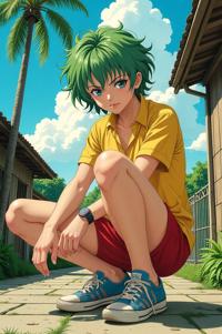 Anime style s Palm Rat from Kill Bill universe, Short Curly sea green hair, summer, ground level shot