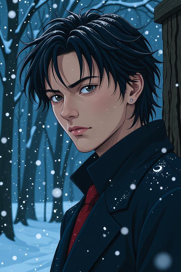Anime style s Black Crappie from The Dark Tower universe, Right Parting gamboge hair, winter, looking away shot