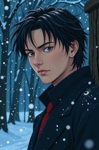 Anime style s Black Crappie from The Dark Tower universe, Right Parting gamboge hair, winter, looking away shot