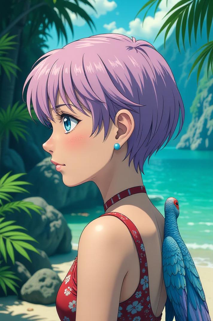 Anime style s Parrotfish from Jurassic Park universe, Buzz Cut lavender hair, summer, looking away shot