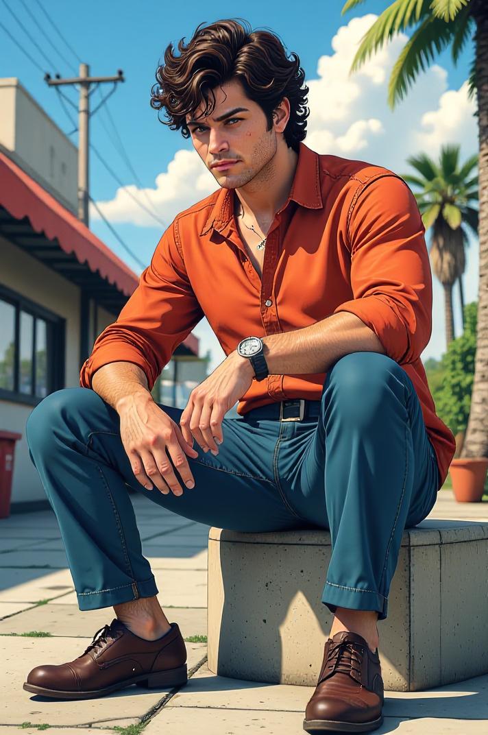 Anime style s Rotterman from GTA universe, Short Curly terra cotta hair, spring, ground level shot
