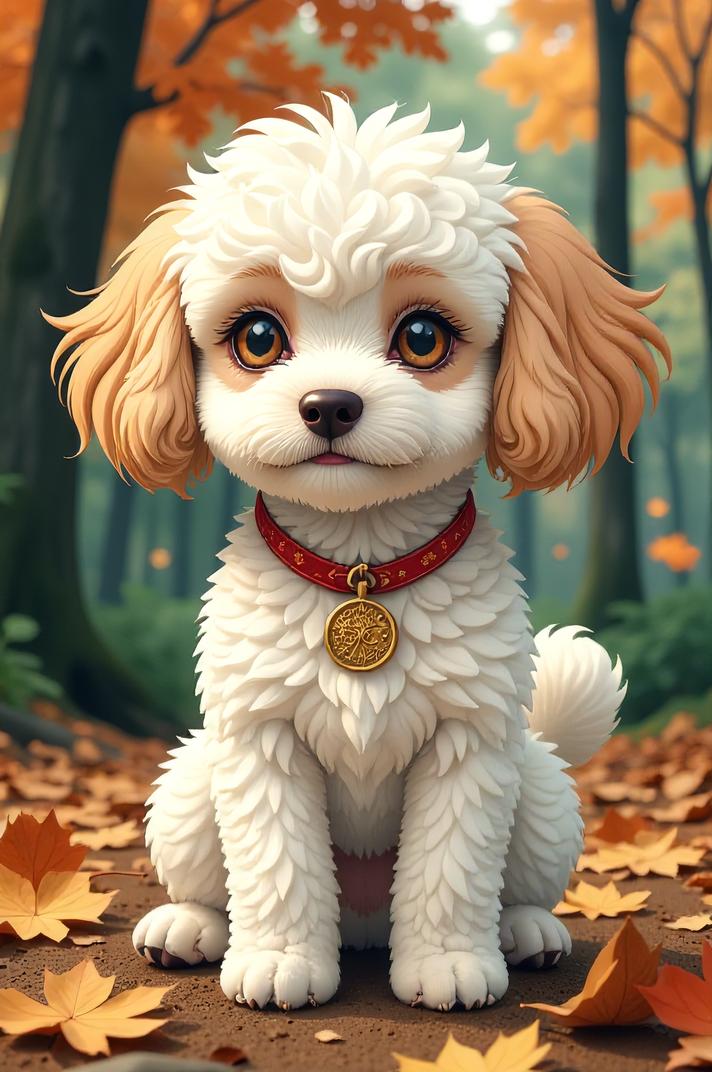Anime style s Teacup Poodle from Avatar universe, Right Parting olivine hair, autumn, from above shot