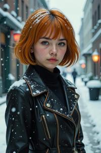 Anime style s Fairy Wren from Blade Runner universe, Bob ochre hair, winter, high angle shot