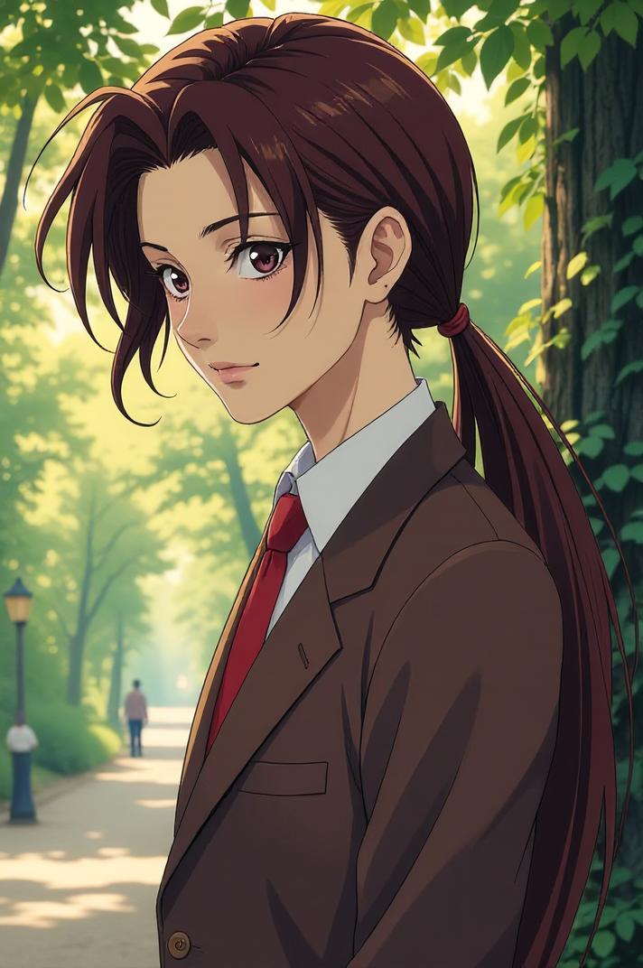 Anime style s Pheasant tailed Jacana from John Wick universe, Long Center Parting brown hair, summer, from below shot