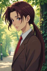 Anime style s Pheasant tailed Jacana from John Wick universe, Long Center Parting brown hair, summer, from below shot