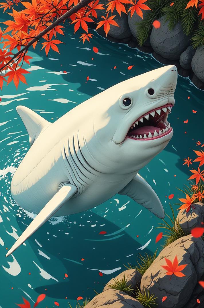 Anime style s White Shark from Doom universe, Over Eye ecru hair, autumn, high angle shot