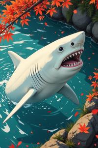 Anime style s White Shark from Doom universe, Over Eye ecru hair, autumn, high angle shot