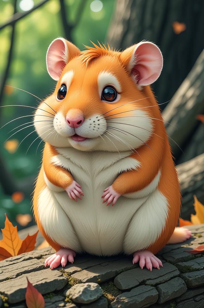 Anime style s Hamster from Jurassic Park universe, Over Eye heliotrope hair, autumn, from below shot
