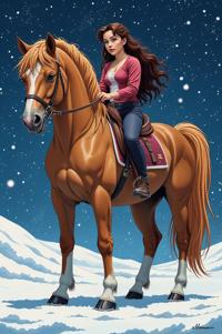 Anime style s Equus giganteus from Fifth Element universe, Rachel raw umber hair, winter, expressions shot