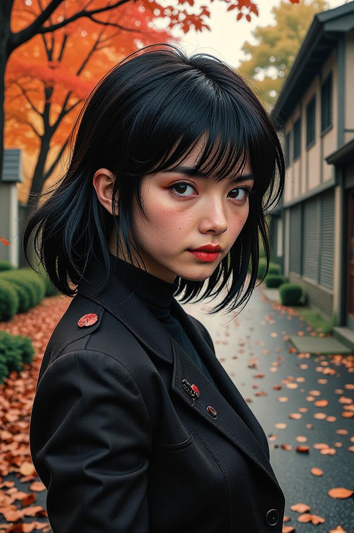 Anime style s Blowfly from Blade Runner universe, Grungey Parted black hair, autumn, hip level shot