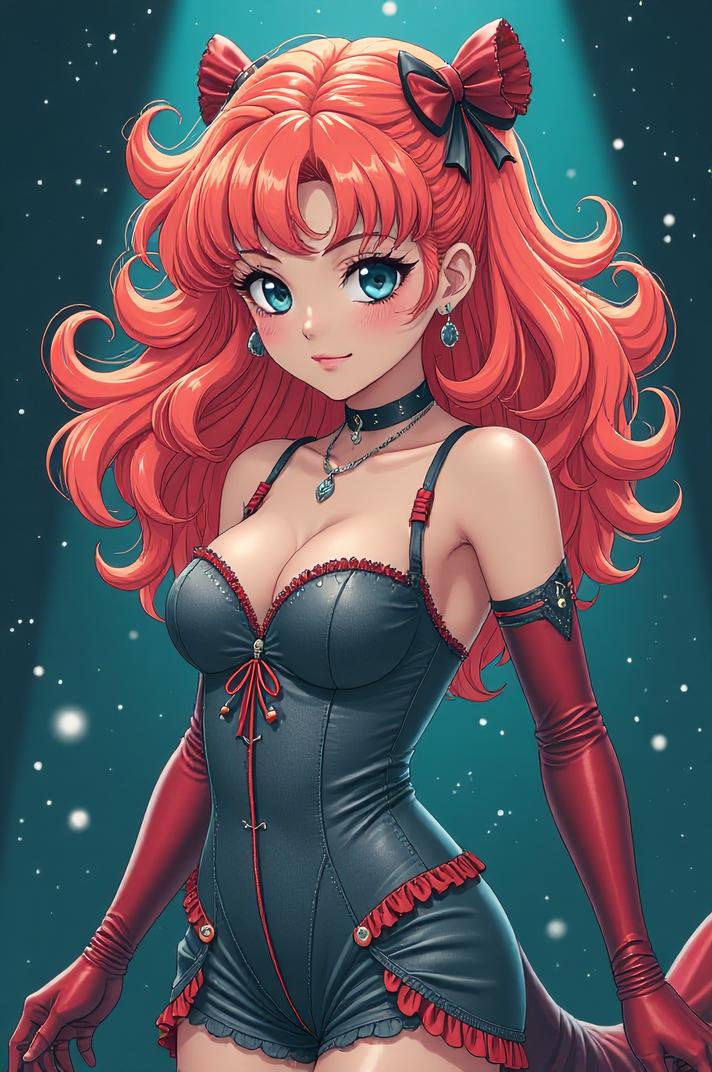 Anime style s Spinner Shark from Moulin Rouge universe, Top Curls salmon hair, spring, hip level shot