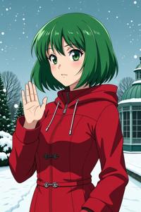 anime style masterpiece,best quality , Bob moss green hair, winter