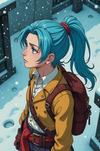 Anime style s Natterjack from Pirates of the Caribbean universe, Pony Tail powder blue hair, winter, aerial view shot