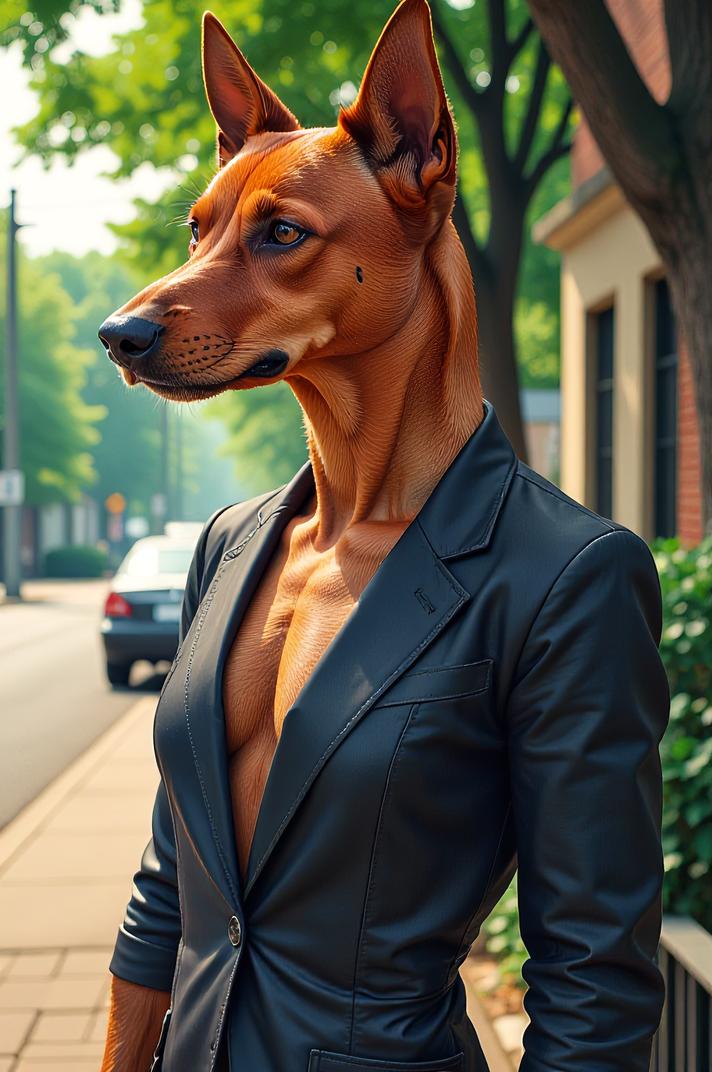 Anime style s German Pinscher from Blade Runner universe, Right Parting carmine hair, summer, full body shot