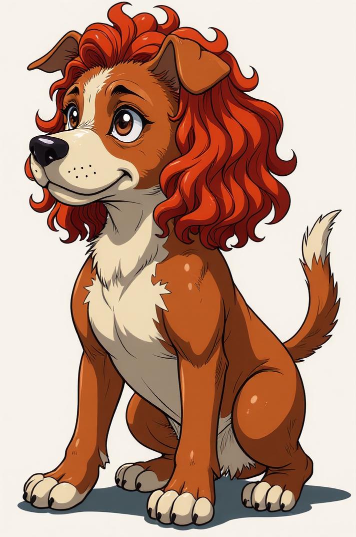 Anime style s Red Nose Pit Bull from The Dark Tower universe, Top Curls auburn hair, summer, Front side back three views shot