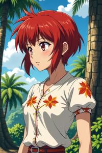 Anime style s Onagadori Chicken from Avatar universe, Crew Cut carmine hair, summer, shoulder level shot