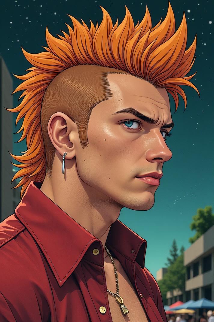 Anime style s Goldador from Blade Runner universe, Mohawk Spike russet hair, summer, expressions shot