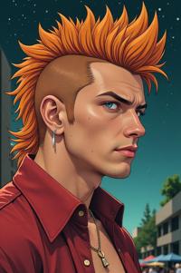 Anime style s Goldador from Blade Runner universe, Mohawk Spike russet hair, summer, expressions shot