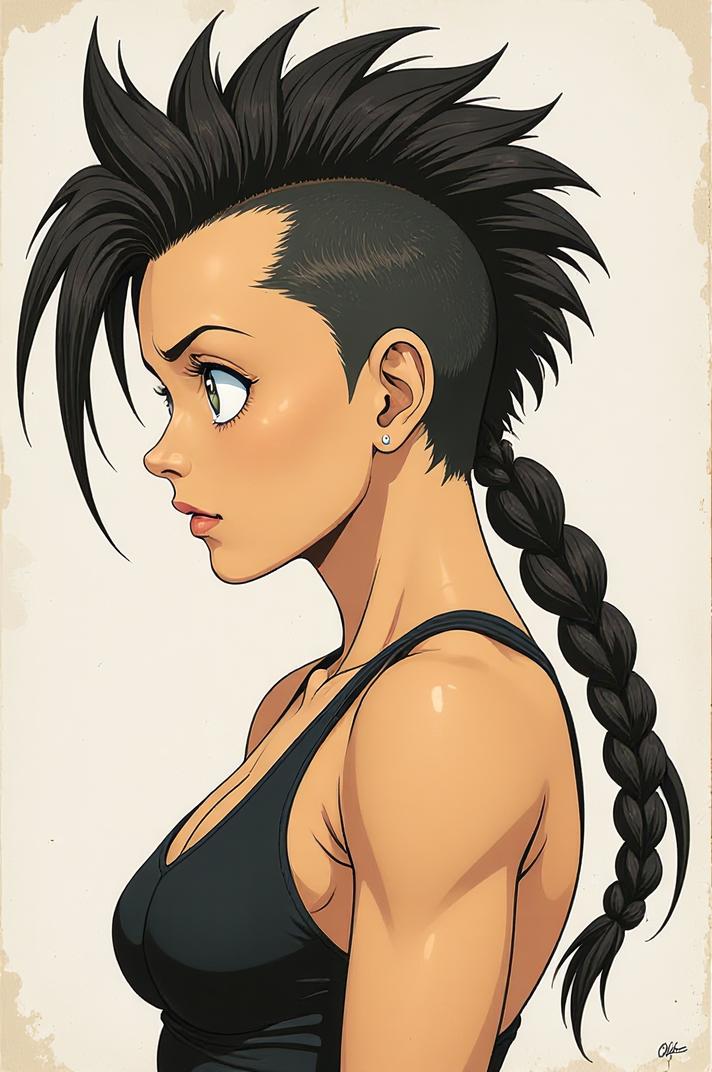 Anime style s Blind Snake from Matrix universe, Mohawk Flat wheat hair, summer, Front side back three views shot