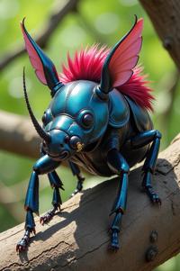 Anime style s Rhino Beetle from Fifth Element universe, Grungey Behind Ears myrtle hair, spring, high angle shot