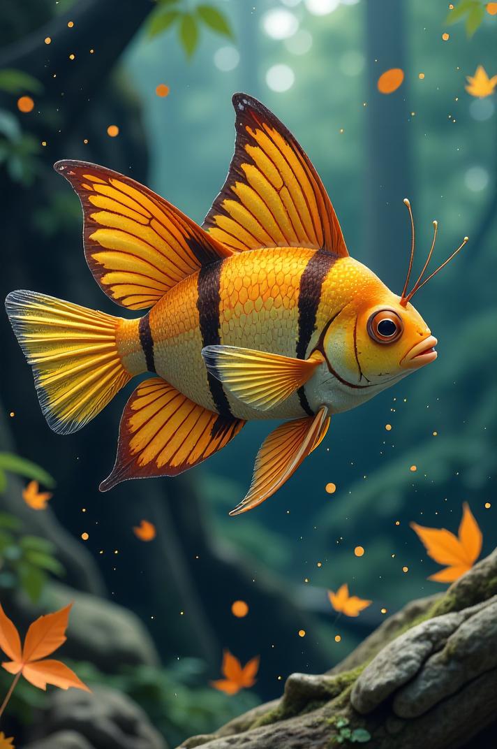 Anime style s Butterfly Fish from Pirates of the Caribbean universe, Grungey Behind Ears rust hair, autumn, high angle shot