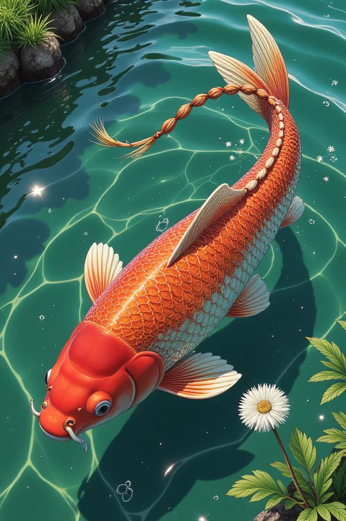 Anime style s Asian Carp from Jurassic Park universe, Pony Tail Braids dandelion hair, summer, aerial view shot