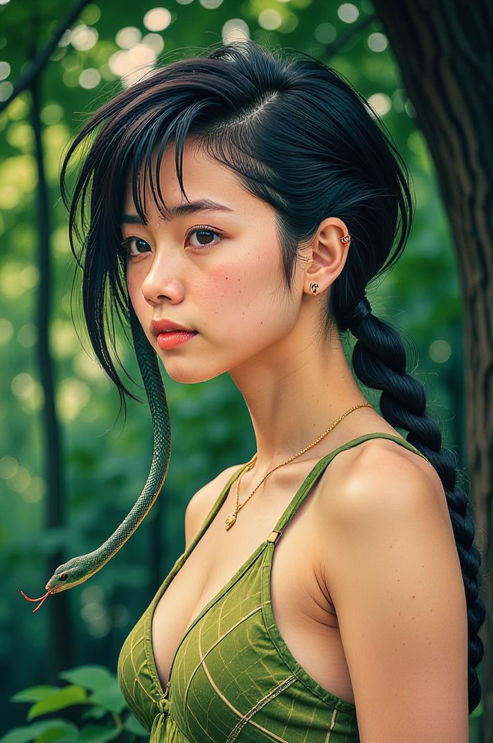 Anime style s Japanese rat snake from Matrix universe, Crew Cut papaya whip hair, summer, low angle shot