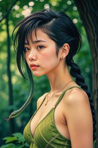 Anime style s Japanese rat snake from Matrix universe, Crew Cut papaya whip hair, summer, low angle shot