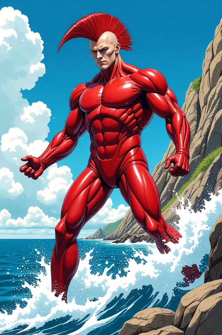 asian anime style marvel Silver Surfer masterpiece,best quality , asian anime, Mohawk Fan red hair