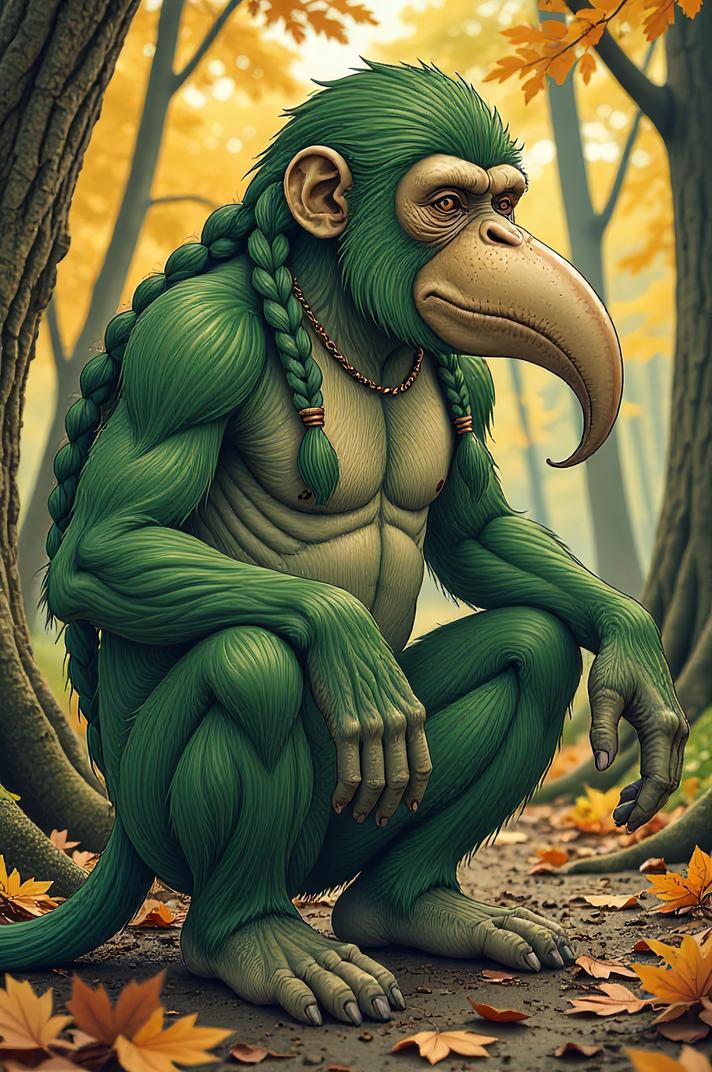 Anime style s Proboscis Monkey from Fallout universe, Long Braids emerald hair, autumn, hip level shot