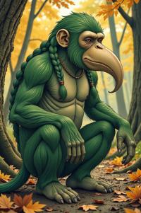 Anime style s Proboscis Monkey from Fallout universe, Long Braids emerald hair, autumn, hip level shot