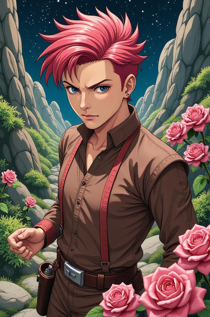 Anime style s Barnevelder from Star Wars universe, Mohawk Short rose hair, spring, high angle shot