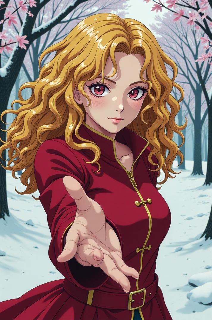 anime style masterpiece,best quality , Lob Curly yellow hair, winter
