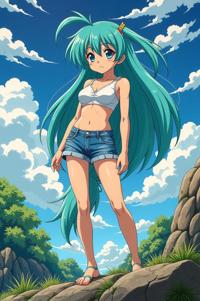 Anime style s Griffonshire from Spirit World universe, Bob aquamarine hair, summer, ground level shot