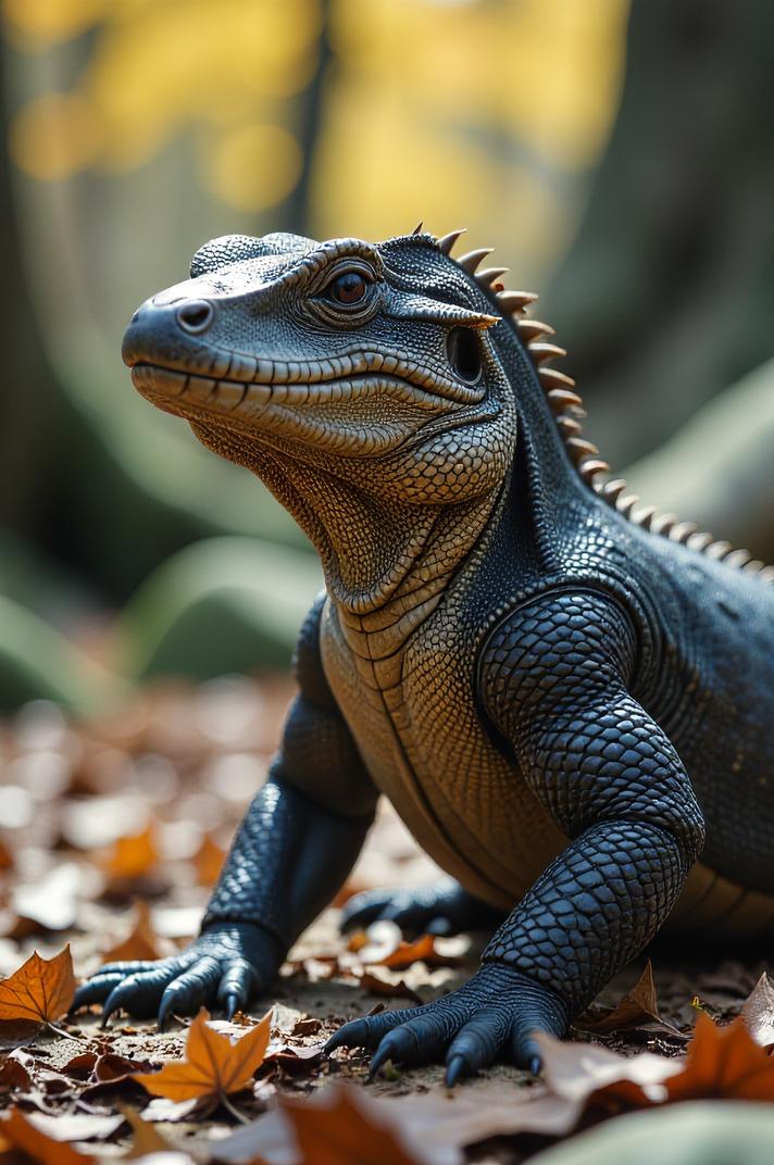 Anime style s Earless Monitor Lizard from Game of Thrones universe, Pulled Back spring bud hair, autumn, low angle shot
