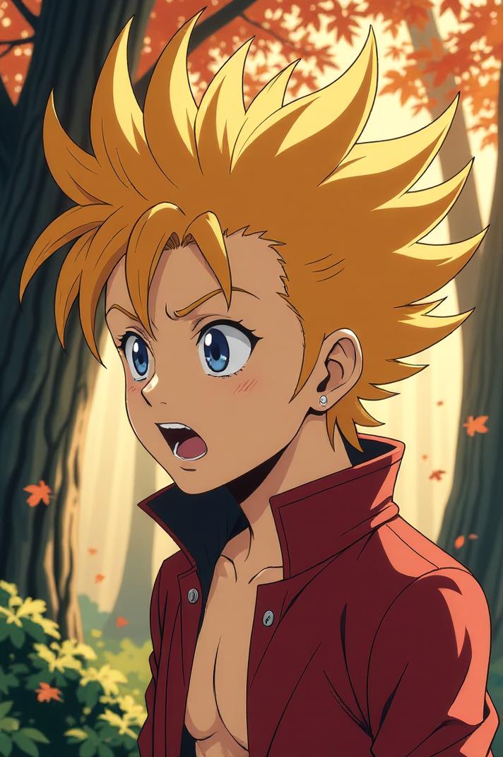 Anime style s Feist from Spirit World universe, Mohawk Spike tan hair, autumn, expressions shot