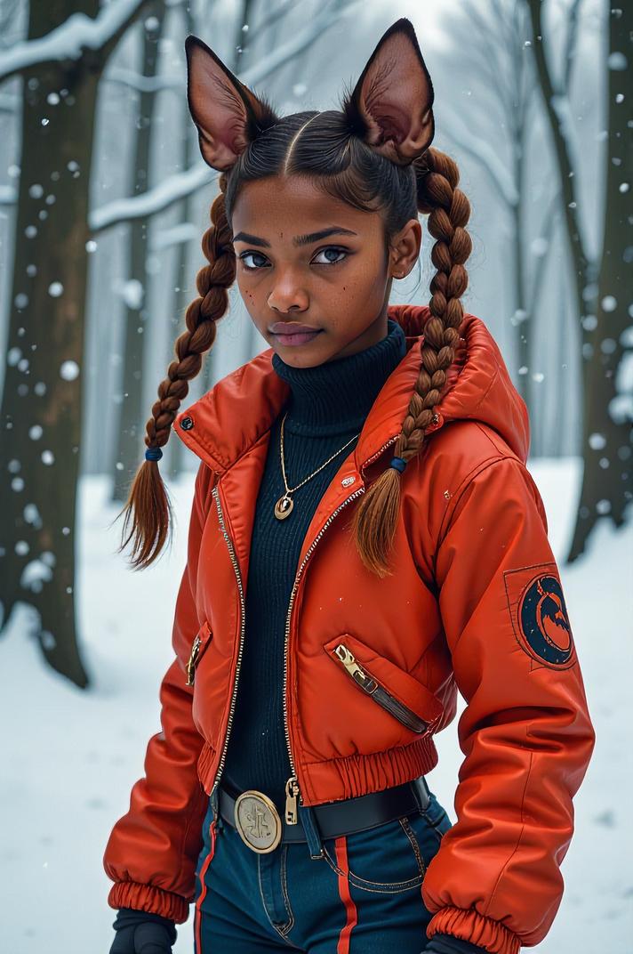 Anime style s Miniature Pinscher from Mortal kombat universe, Cornrows cinnamon hair, winter, hip level shot